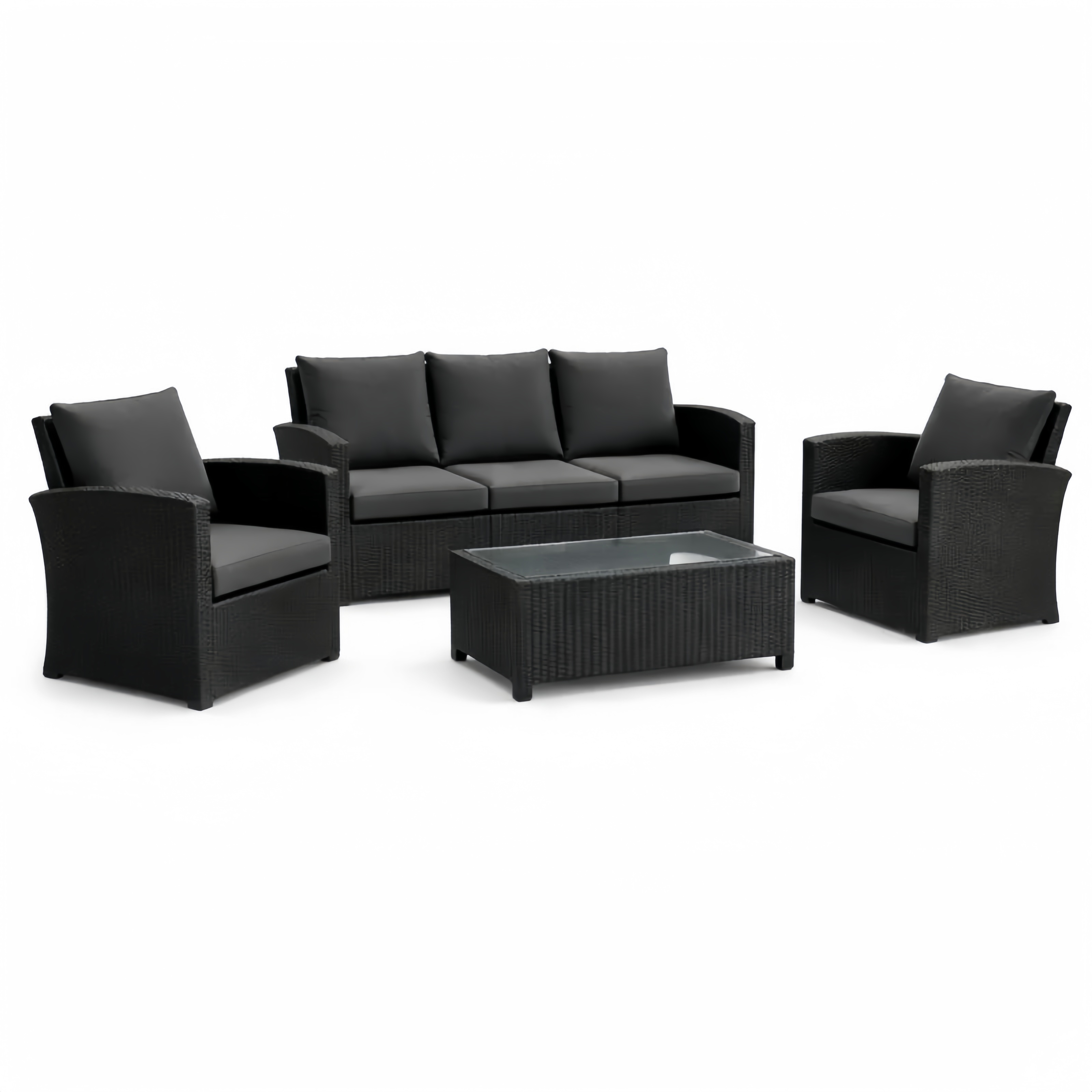 Ensemble de Salon de Jardin en Rotin Synthétique Noir avec Coussins et Table Basse en Verre