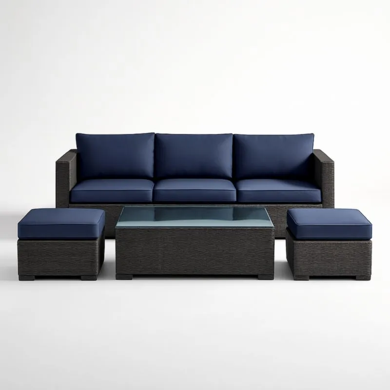 Ensemble de Salon de Jardin en Rotin Bleu avec Verre Trempé