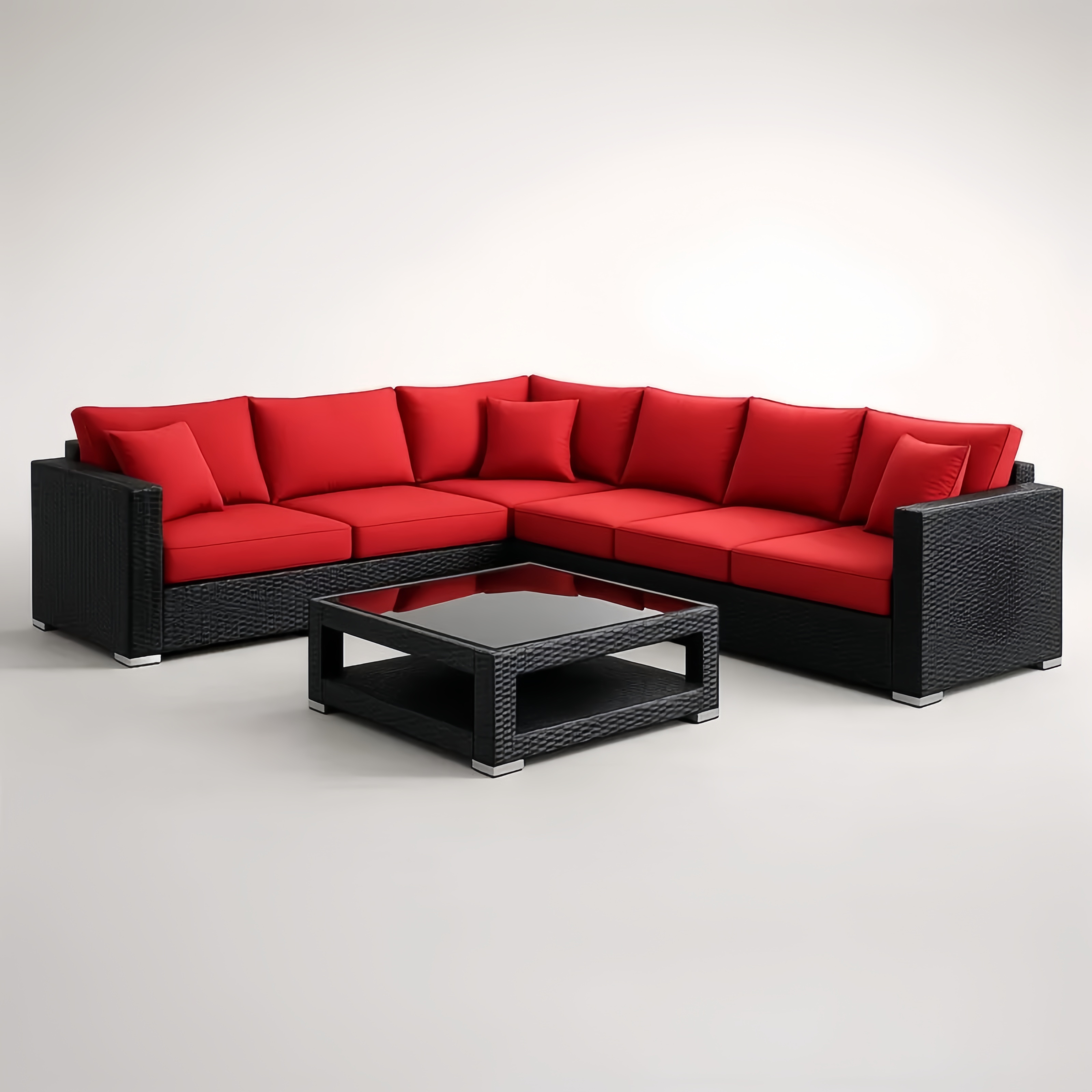 Canapé d'angle extérieur en résine tressée avec coussins rouges