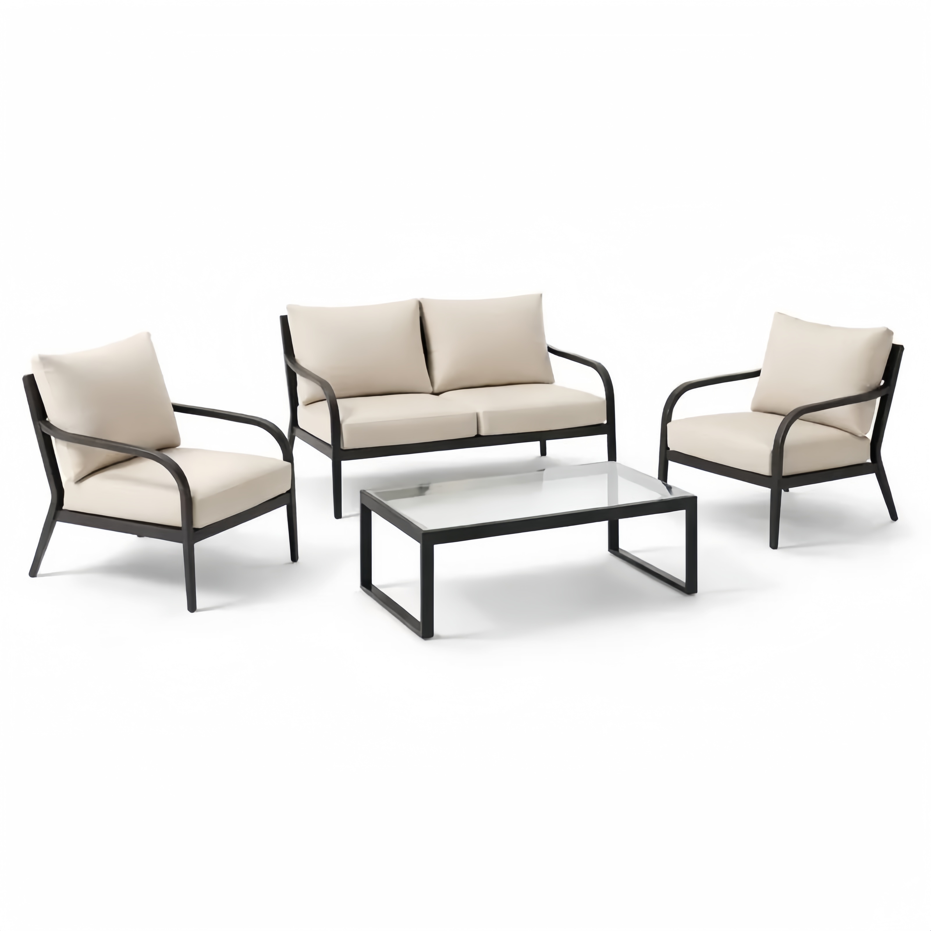 Ensemble Salon de Jardin en Aluminium et Verre avec Coussins Beiges