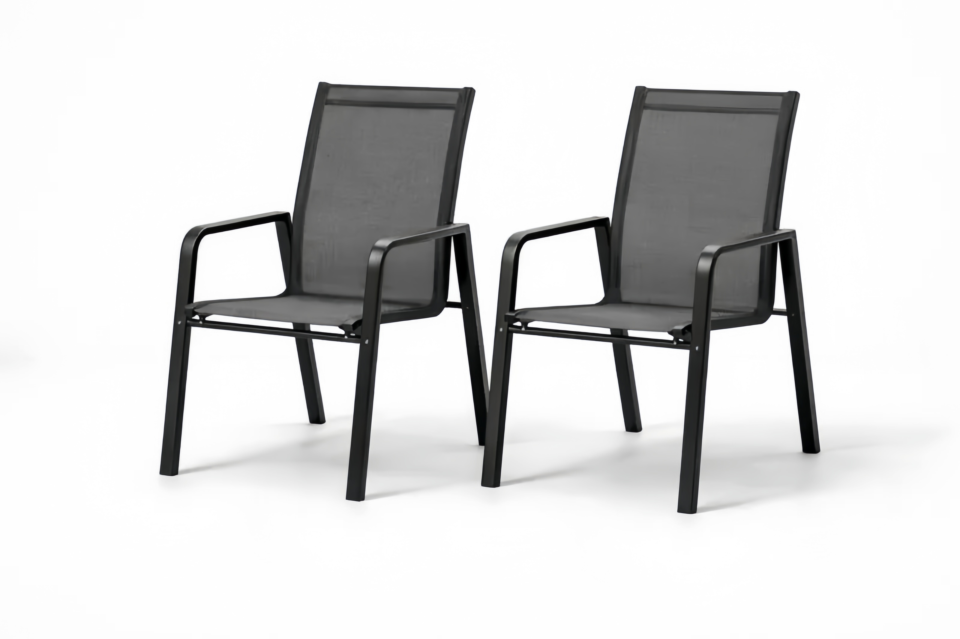 Fauteuil en aluminium noir avec siège en textilène noir, ensemble de 2