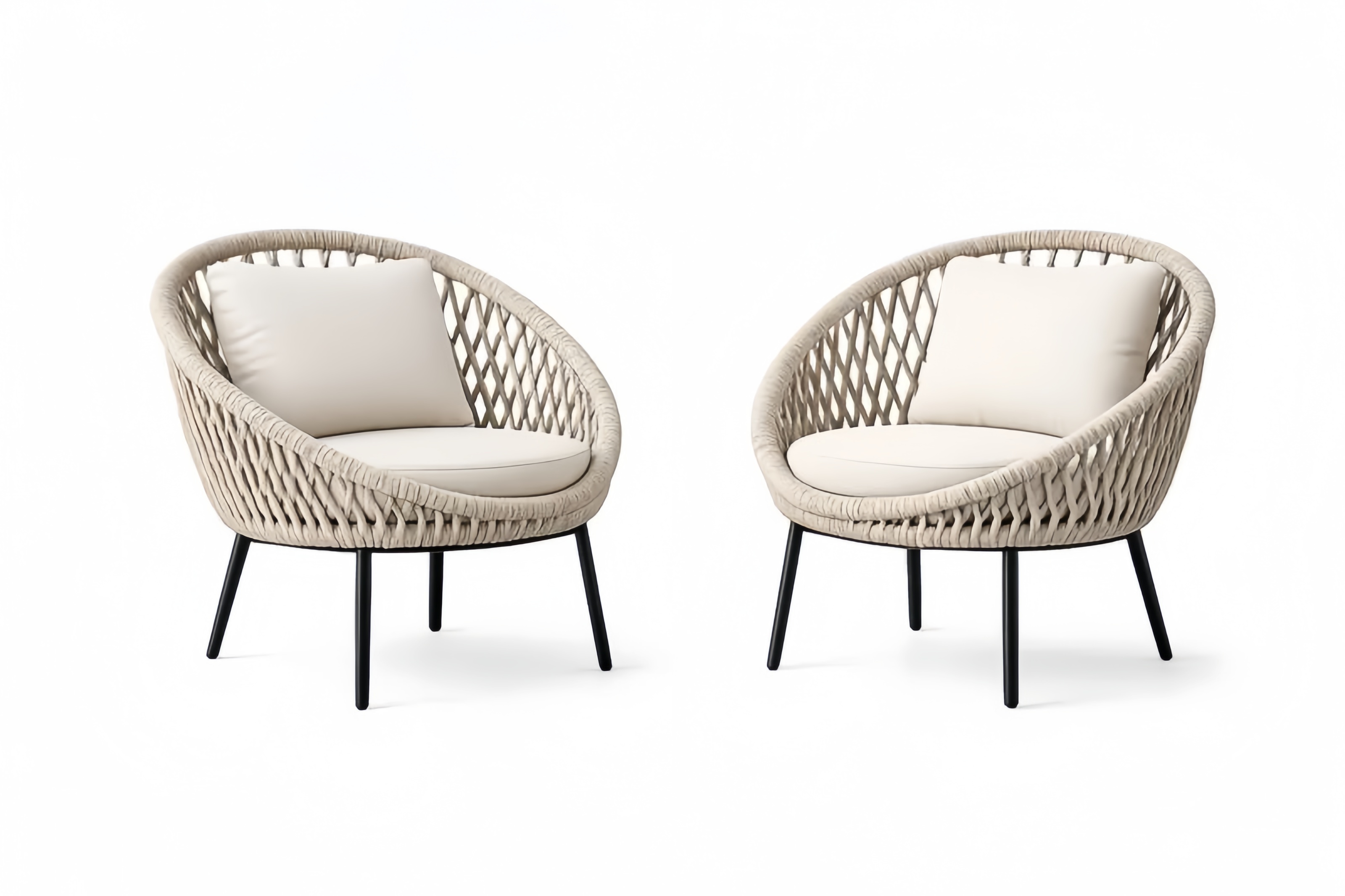 Lot de 2 fauteuils en corde et acier noir avec coussins