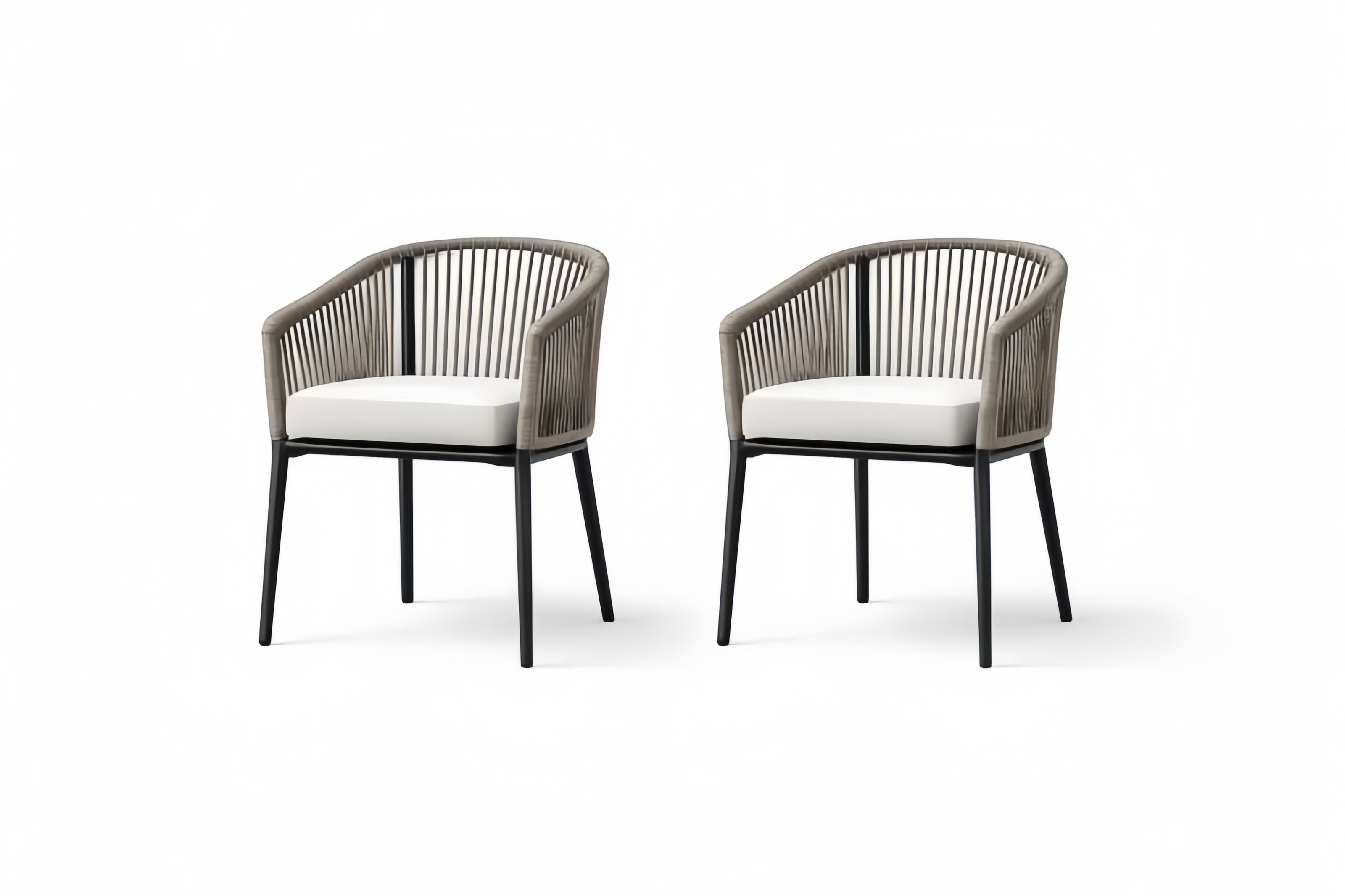 Paire de chaises d'extérieur en corde et métal avec coussin blanc