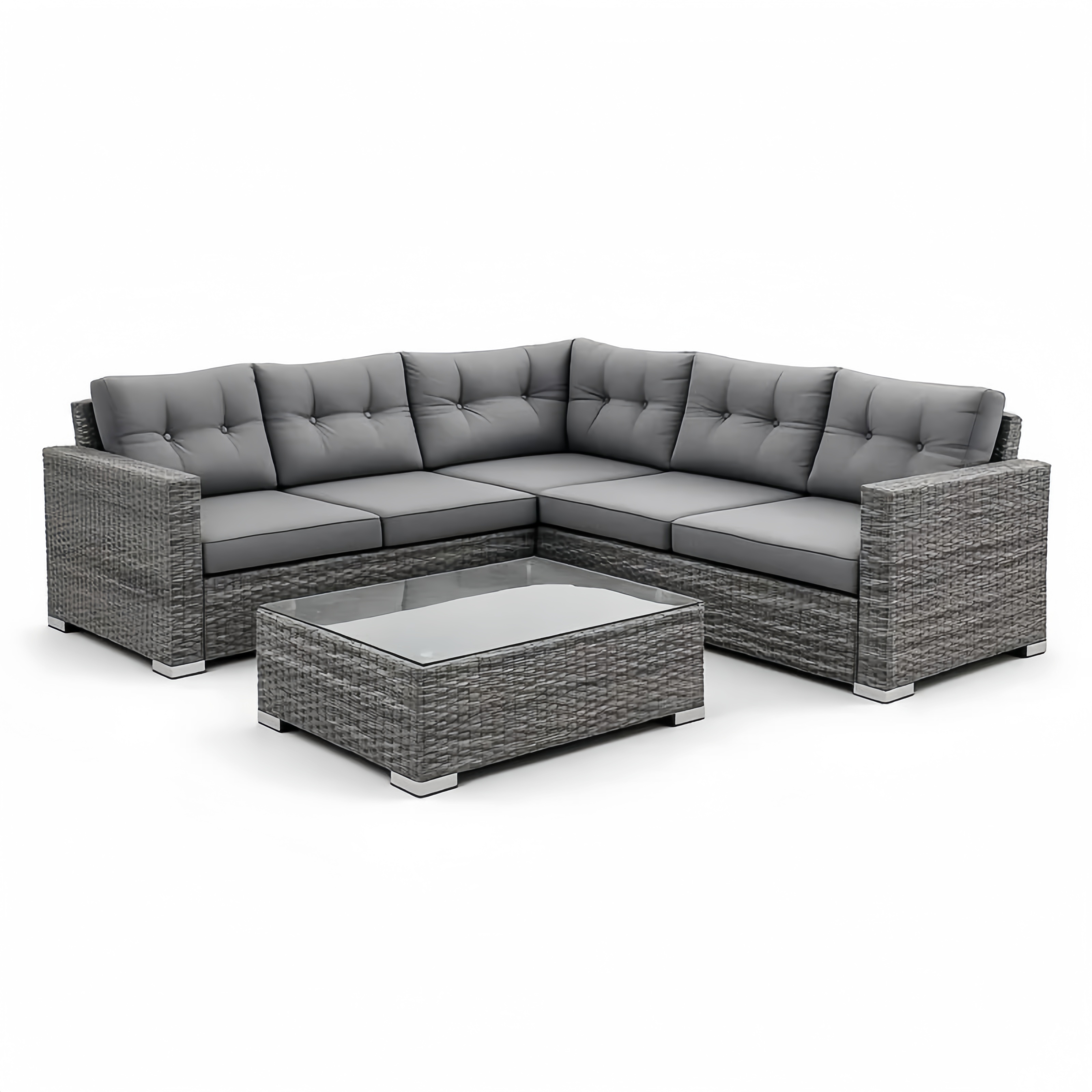 Ensemble d'extérieur en résine tressée gris avec coussins et table basse en verre