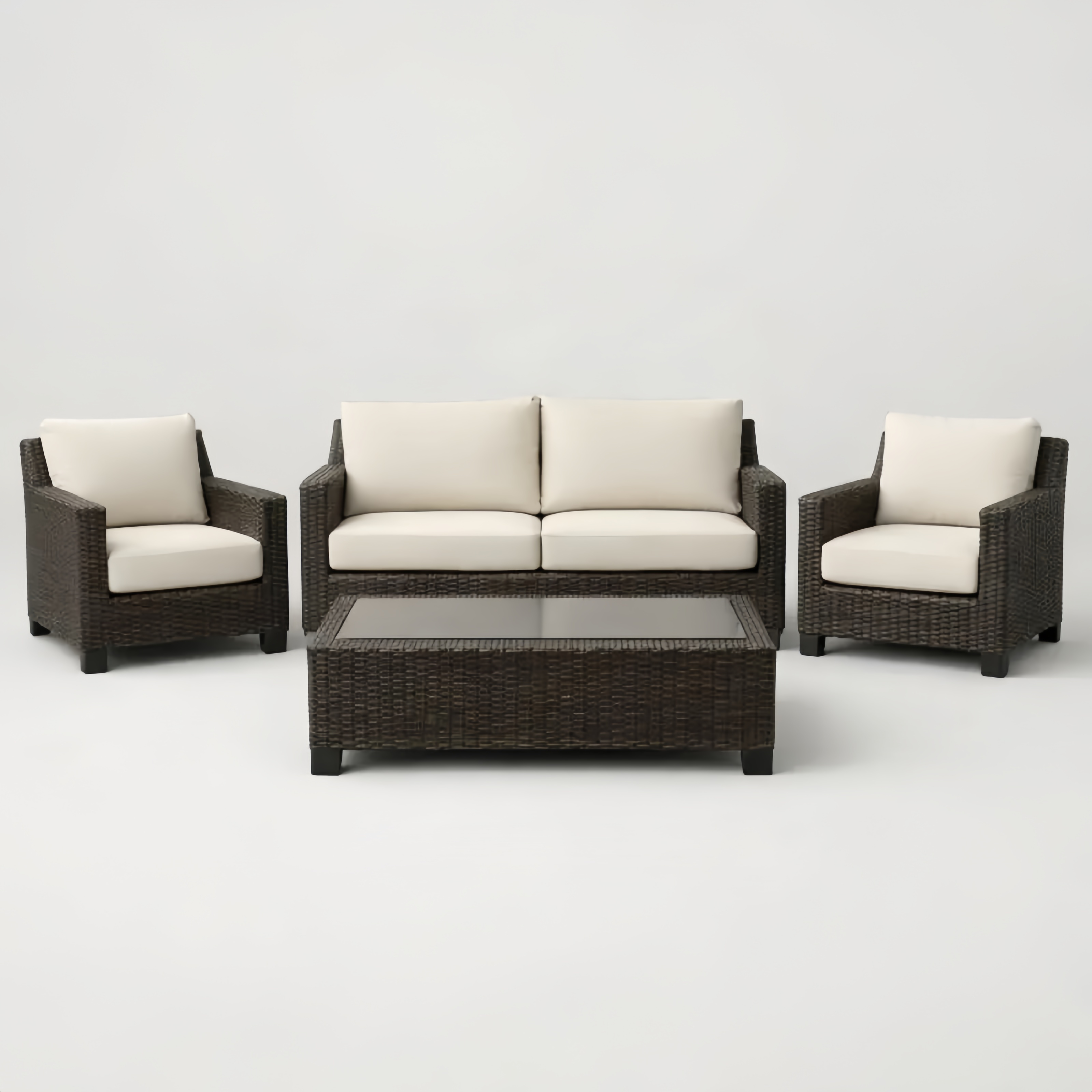 Ensemble de Salon de Jardin en Résine Tressée Marron et Beige avec Table Basse en Verre