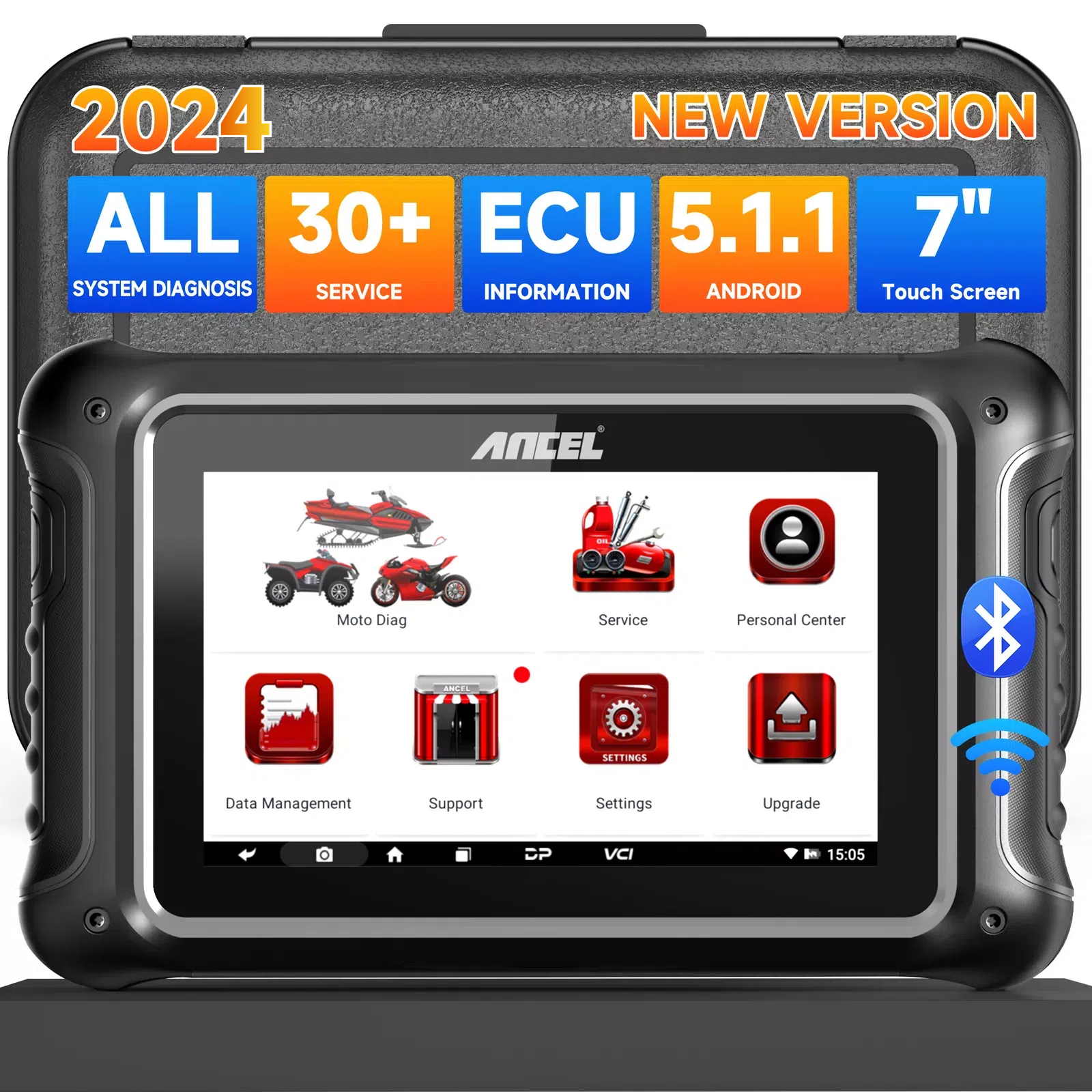 ANCEL MT700 Escáner OBD2 para motocicletas, sistema completo de reinicio de aceite, herramienta de diagnóstico ABS con más de 35 funciones de reinicio compatibles con BMW/BRP/Ducati/Harley/Honda/Indian/Suzuki, pantalla táctil de 7", 16 GB