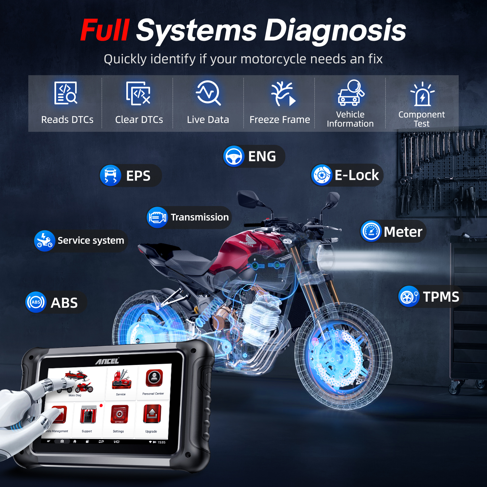 ANCEL MT700 Escáner OBD2 para motocicletas, sistema completo de reinicio de aceite, herramienta de diagnóstico ABS con más de 35 funciones de reinicio compatibles con BMW/BRP/Ducati/Harley/Honda/Indian/Suzuki, pantalla táctil de 7", 16 GB