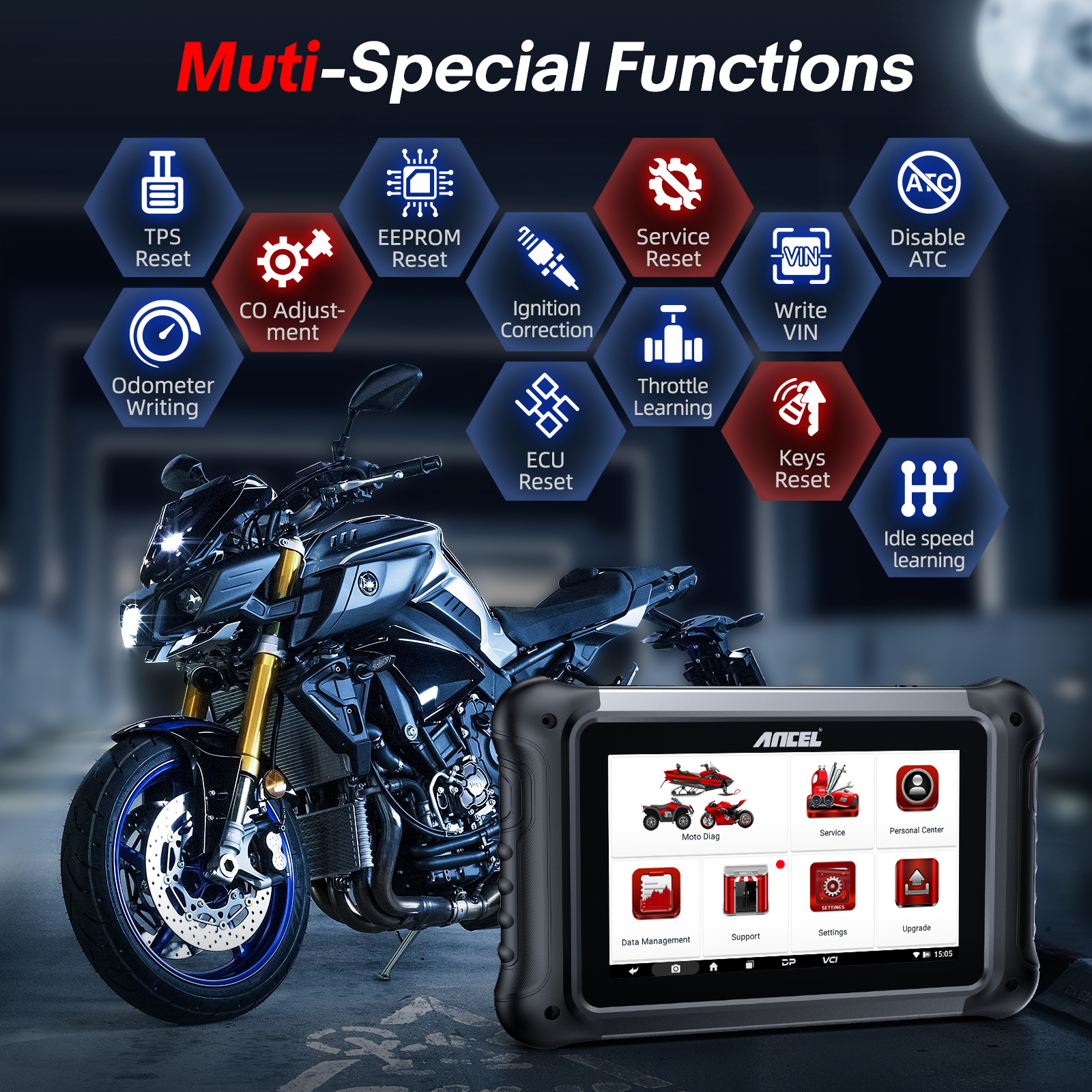 ANCEL MT700 Escáner OBD2 para motocicletas, sistema completo de reinicio de aceite, herramienta de diagnóstico ABS con más de 35 funciones de reinicio compatibles con BMW/BRP/Ducati/Harley/Honda/Indian/Suzuki, pantalla táctil de 7", 16 GB