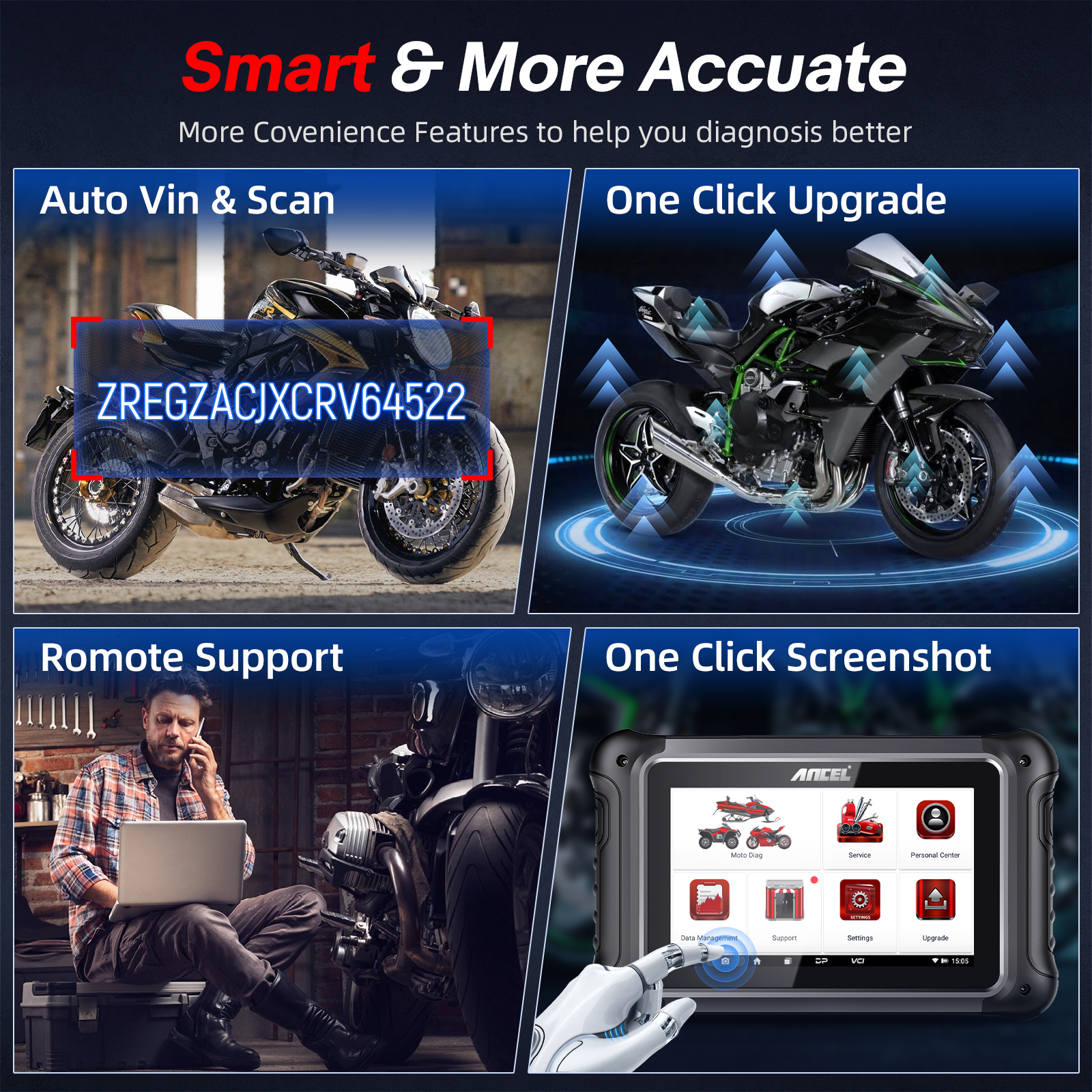 ANCEL MT700 Escáner OBD2 para motocicletas, sistema completo de reinicio de aceite, herramienta de diagnóstico ABS con más de 35 funciones de reinicio compatibles con BMW/BRP/Ducati/Harley/Honda/Indian/Suzuki, pantalla táctil de 7", 16 GB