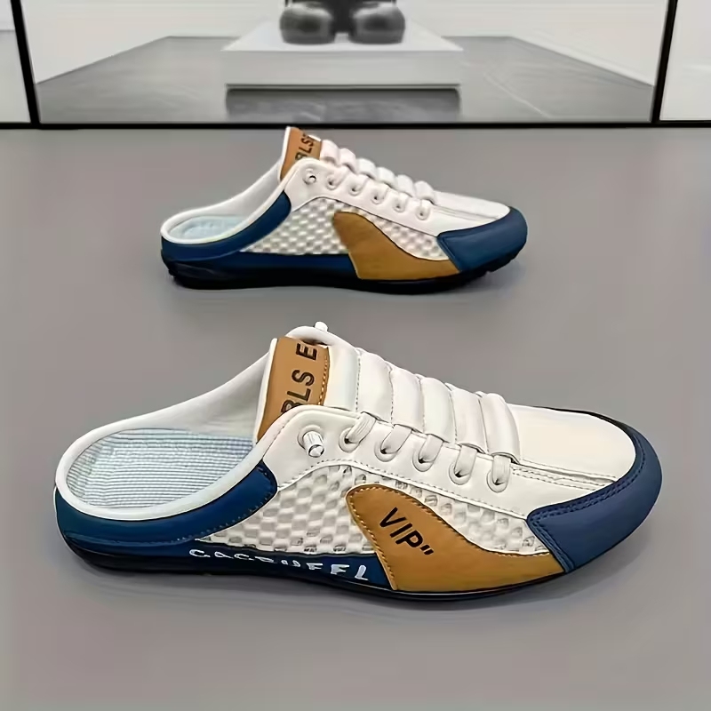 Men's Stylish Slip-On Sneakers - Breathable Fabric, Comfortable PVC Sole, Casual & Sporty Design with Blue & Beige Accents for Outdoor, Daily Wear & Vacation