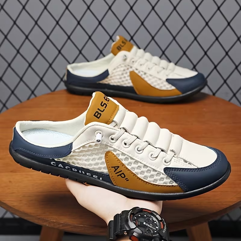 Men's Stylish Slip-On Sneakers - Breathable Fabric, Comfortable PVC Sole, Casual & Sporty Design with Blue & Beige Accents for Outdoor, Daily Wear & Vacation