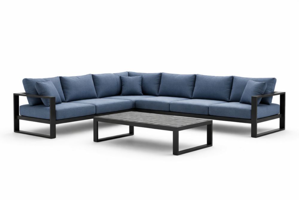 Canapé d'angle extérieur en tissu polyester bleu et cadre en aluminium