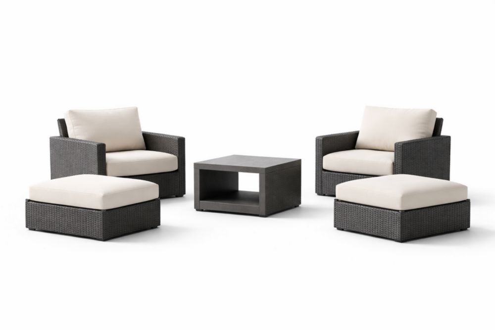 Ensemble salon de jardin en résine avec table basse et coussins crème