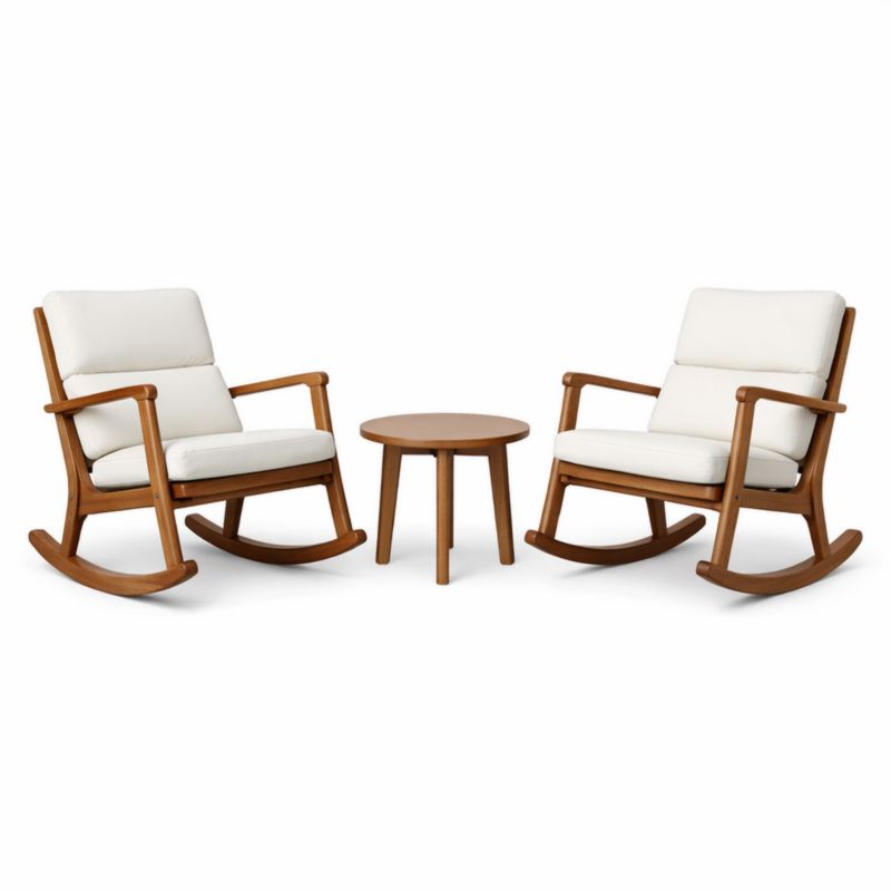 Ensemble de Chaises à Bascule en Bois avec Table Ronde Coussins Polyester Blancs