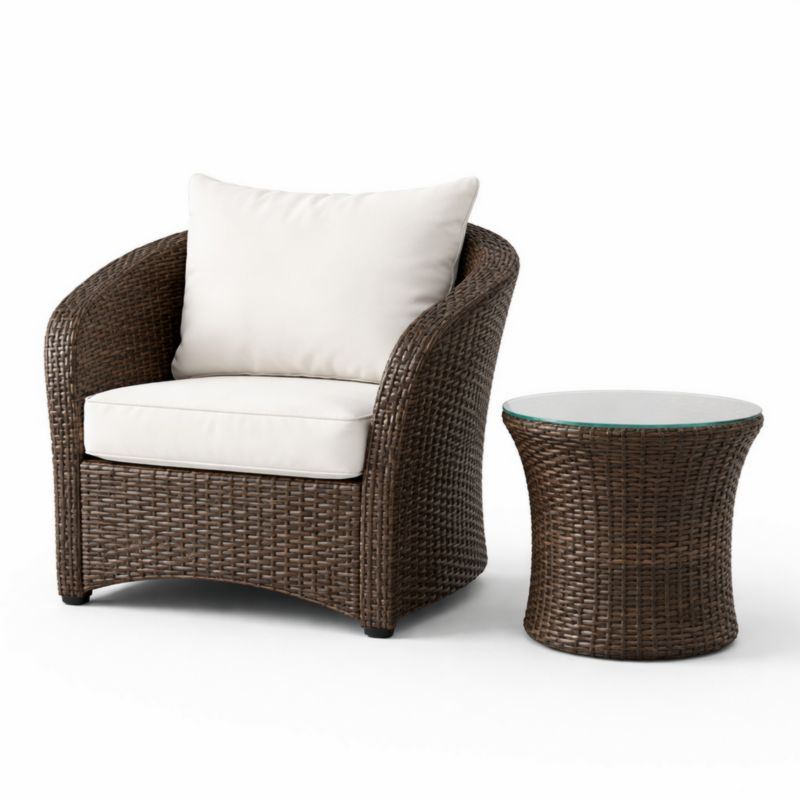 Ensemble Fauteuil et Table en Rotin Brun avec Coussins Blancs