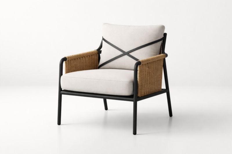 Fauteuil en Aluminium Noir avec Coussin en Polyester Beige et Accoudoirs Rotin