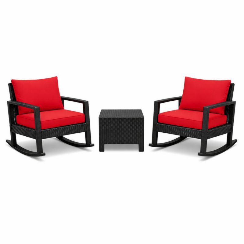 Ensemble de Meubles de Jardin en Rotin Synthétique Noir avec Coussins Rouges