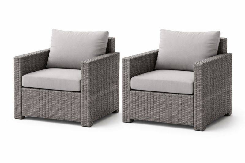 Lot de 2 Fauteuils en Résine Tressée Gris Clair avec Coussins