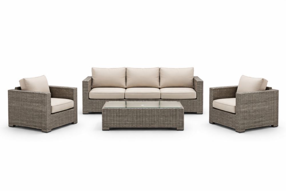 Ensemble Canapé de Jardin Résine Tressée Beige Table Verre Trempé