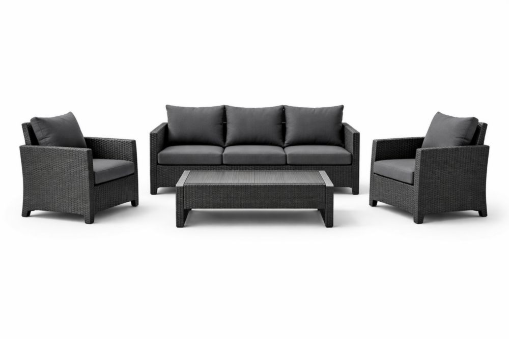 Salon de Jardin en Résine Tressée Noir avec Coussins Gris