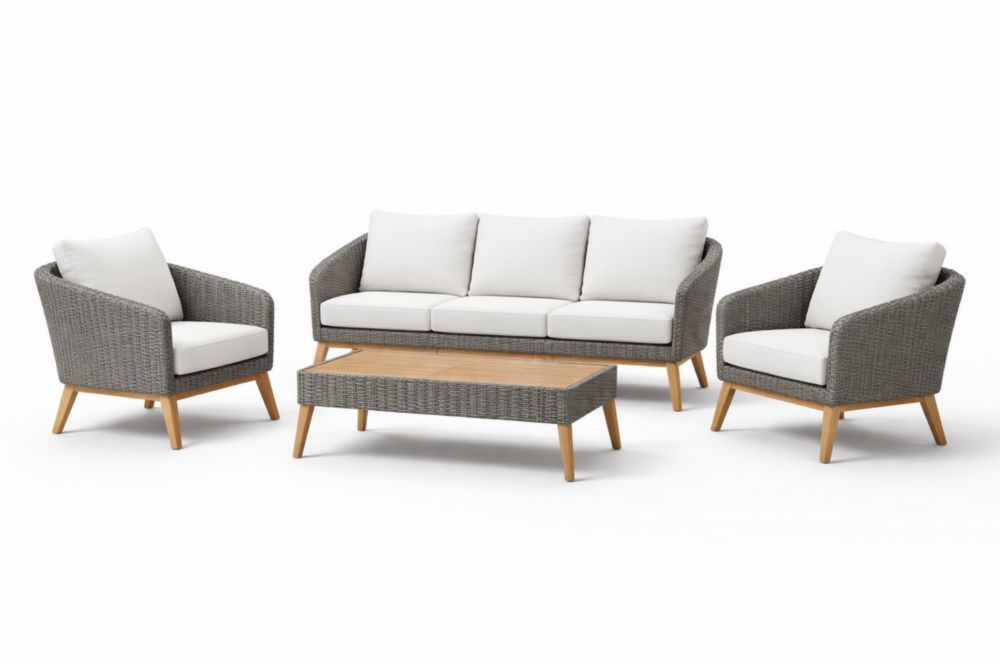 Ensemble Salon de Jardin en Rotin Gris avec Coussins en Polyester