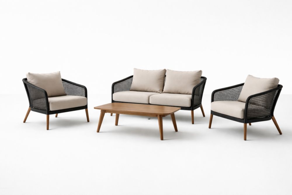 Ensemble de salon de jardin en résine et bois avec coussins beiges