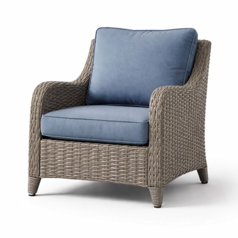Fauteuil en Rotin Synthétique Gris avec Coussins Bleus