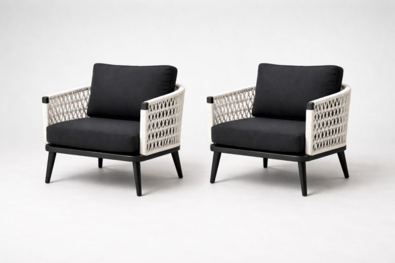 Ensemble de 2 Fauteuils en Rotin Synthétique et Tissu Noir