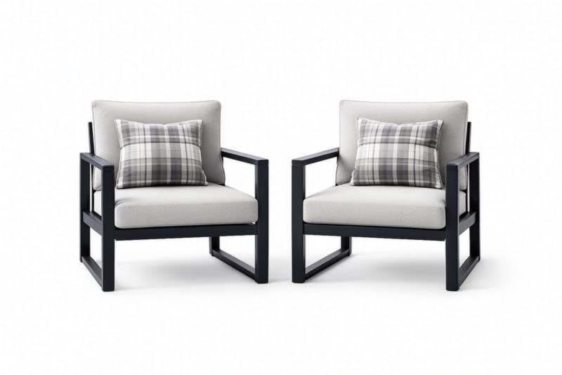 Set de 2 fauteuils d'extérieur en aluminium noir avec coussins en tissu gris clair