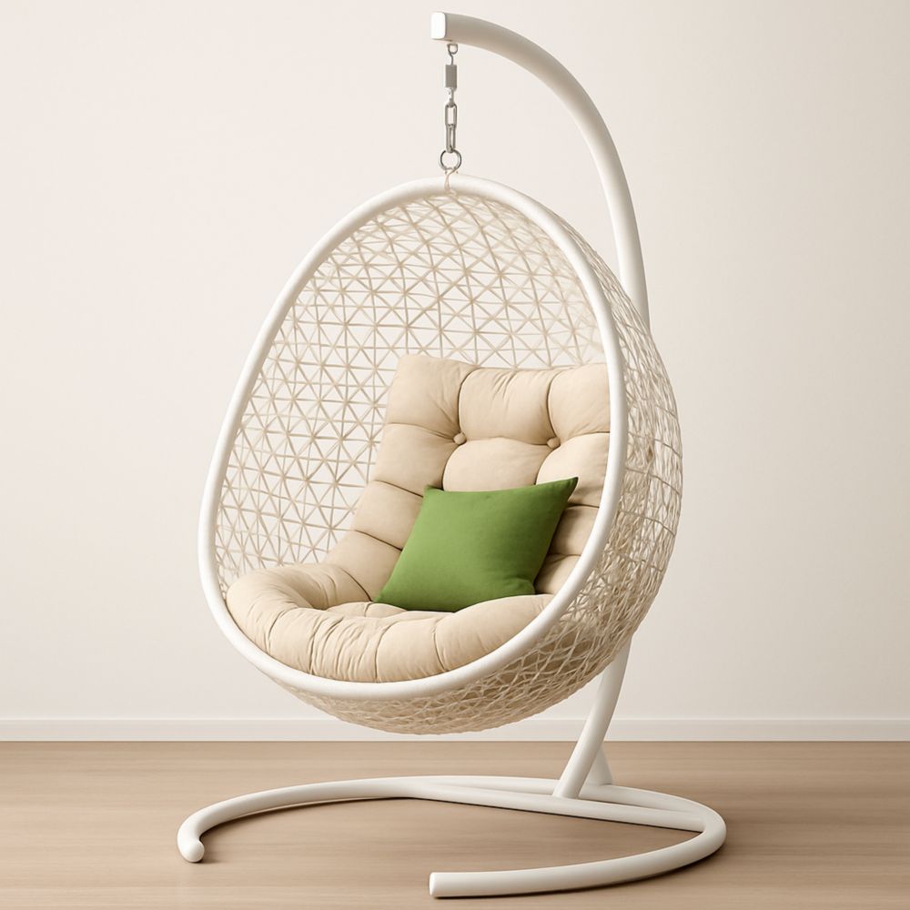 Fauteuil suspendu en rotin synthétique, coussins beige et vert
