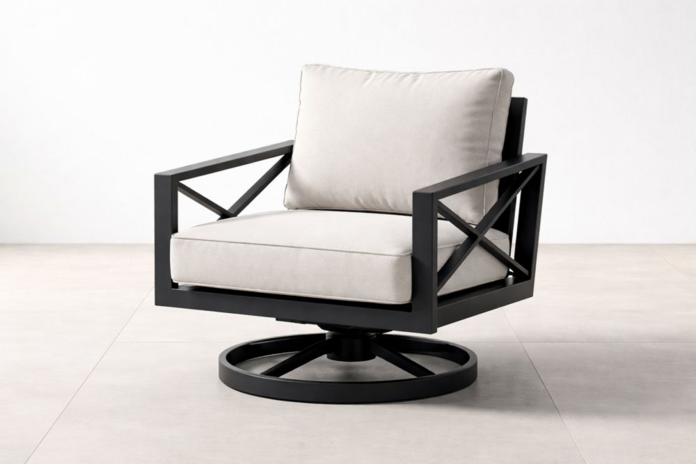 Fauteuil club d'extérieur pivotant extérieur en acier noir avec coussins en tissu polyester beige