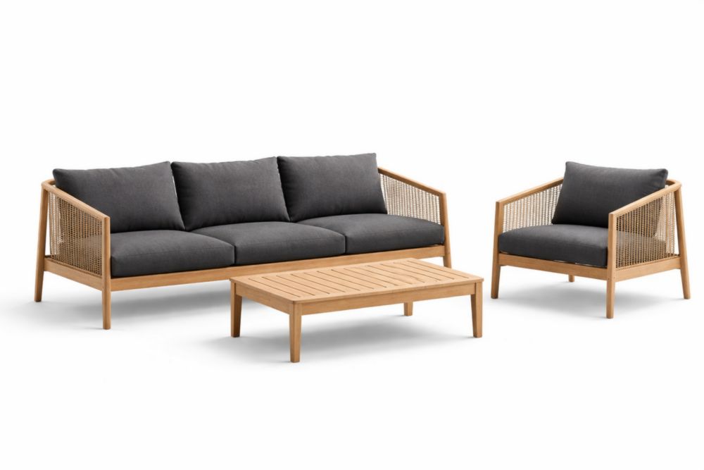 Ensemble de salon de jardin en bois avec coussins en polyester gris