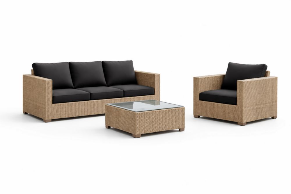 Ensemble Salon Extérieur Rotin Synthétique avec Coussins en Polyester et Table Basse en Verre Trempé, Beige/Noir