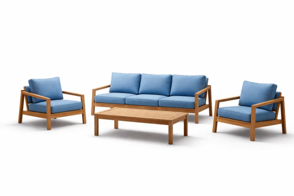 Ensemble Salon de Jardin 4 Pièces en Bois avec Coussins Bleus