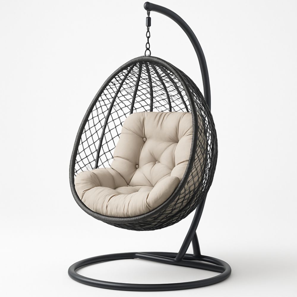 Chaise Suspendue en Métal Noir avec Rotin Synthétique et Coussin Beige