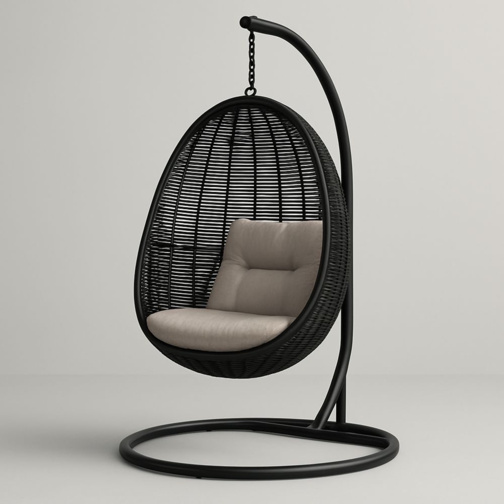 Chaise Suspendue Œuf Rotin Noir Coussin Beige Structure Métal 95x105x200 cm
