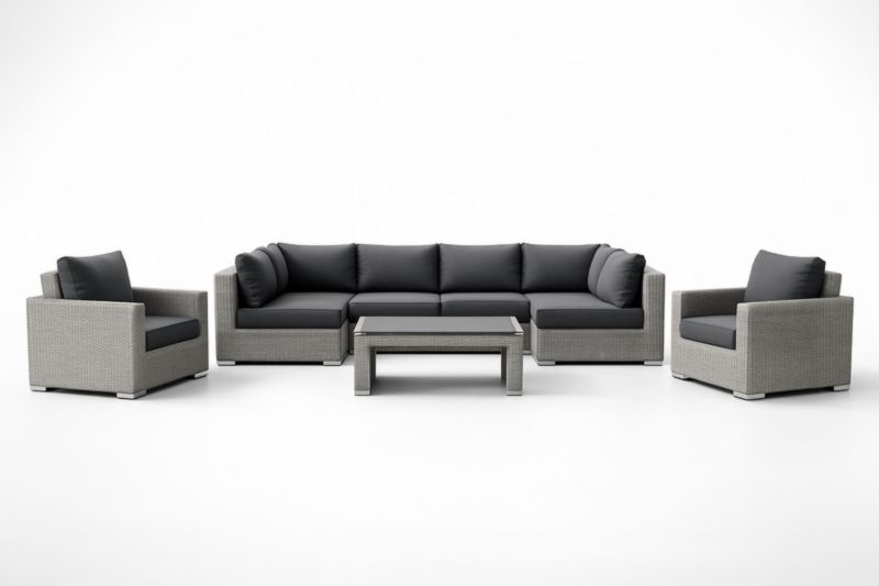 Ensemble de Salon en Résine Tressée Gris avec Coussins Noirs