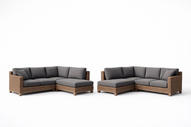 Canapé d'angle en résine tressée avec coussins en polyester gris