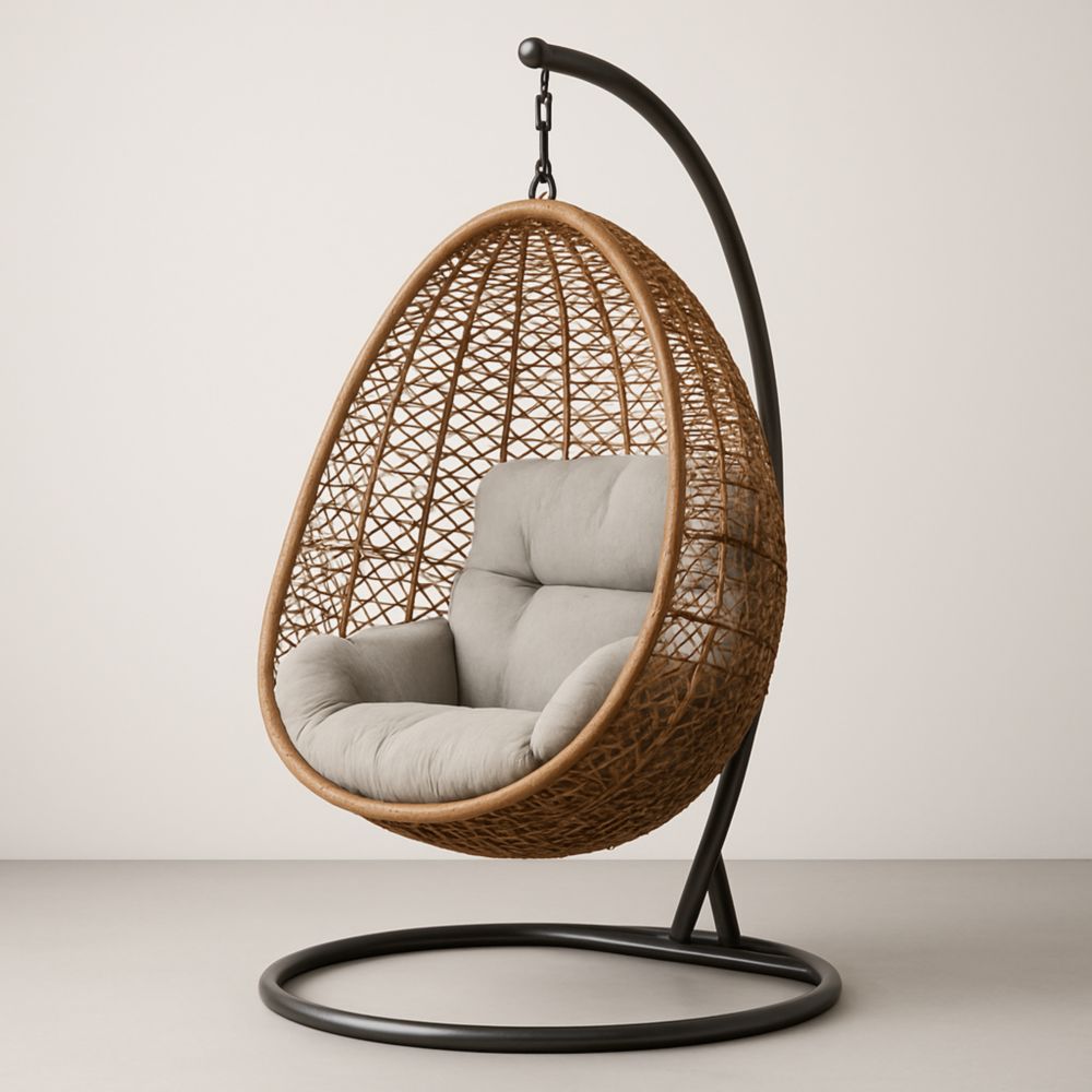 Fauteuil suspendu en rotin avec coussin gris et structure métallique