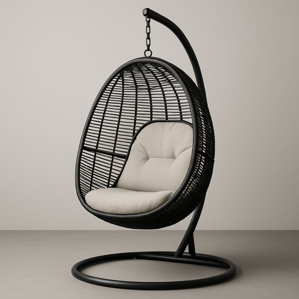 Fauteuil suspendu en rotin synthétique noir avec coussin beige