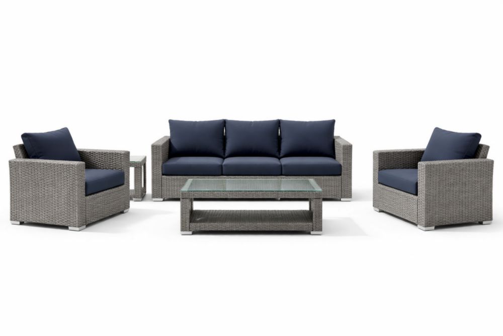 Ensemble de Salon de Jardin Résine Tressée Gris Coussins Bleu