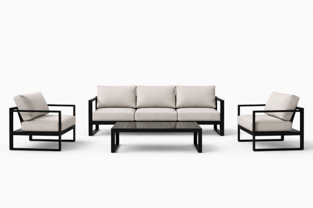 Ensemble de salon extérieur en aluminium noir avec coussins beiges