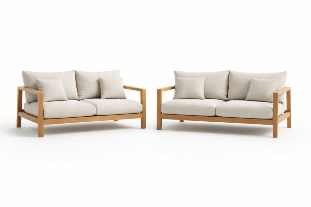 Ensemble de canapés 2 places en bois d'acacia avec coussins beiges