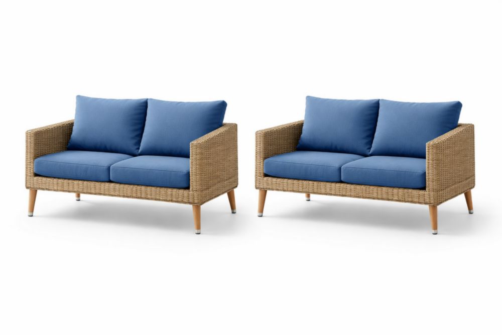 Canapés 2 places en osier avec coussins en polyester bleu