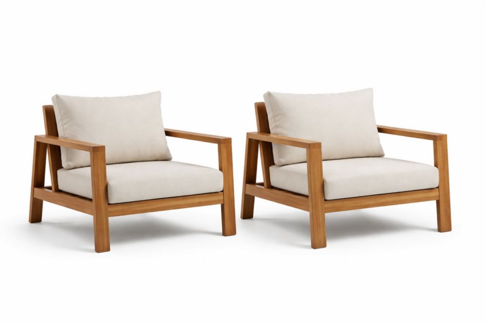 Ensemble de 2 fauteuils en bois de teck et tissu polyester Beige