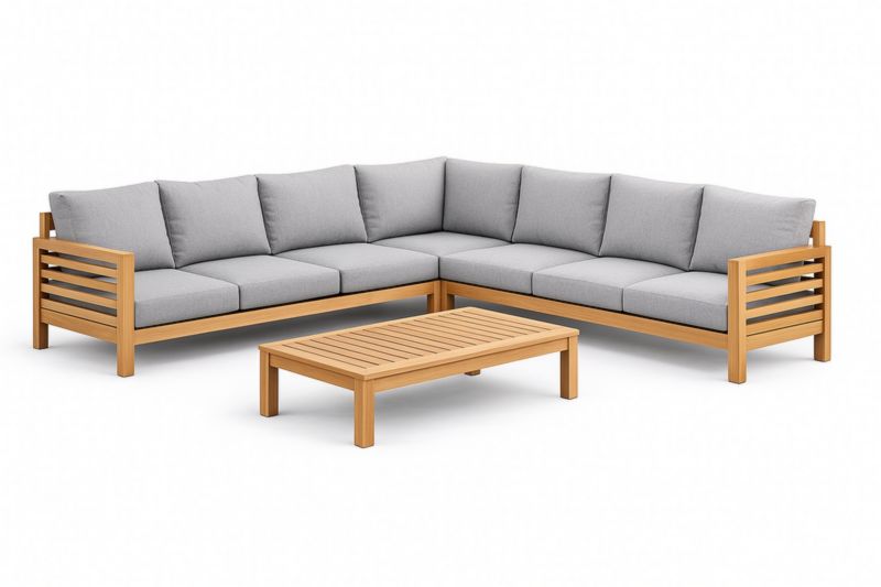 Ensemble canapé d'angle en bois avec coussins en polyester gris