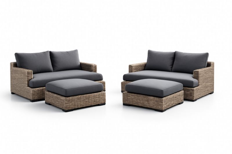 Ensemble de mobilier extérieur 2 canapés et 2 poufs résine et coussins gris