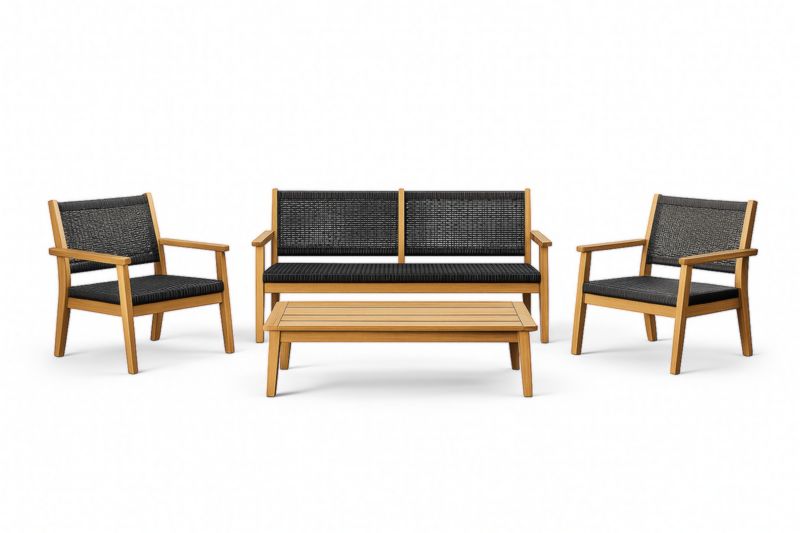 Ensemble de meubles de jardin en bois d'acacia et rotin synthétique noir