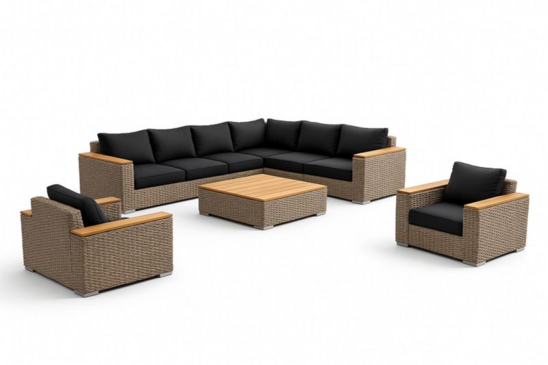 Ensemble de Salon de Jardin en Résine Tressée et Bois, Coussins Noirs, 4 Pièces