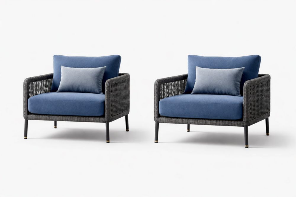 Fauteuil extérieur ensemble 2 pièces structure acier tressé coussins polyester bleu